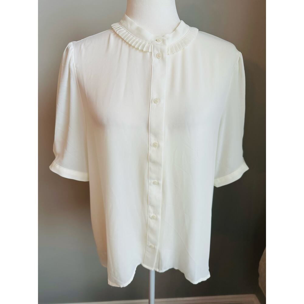 J.Crew Pleated Collar Button Front Blouse Top Short Sleeve Off White Large Work